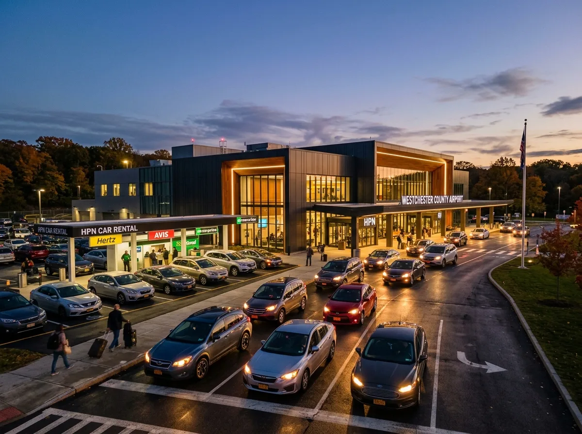 Westchester County Airport terminal exterior at dusk, modern building with cars queued at rental lot, warm lighting, cinematic atmosphere