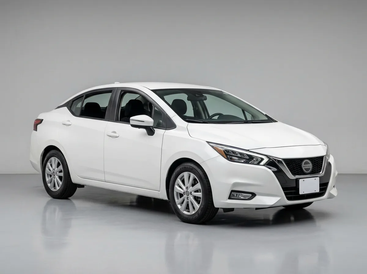 Nissan Versa compact sedan, white, three-quarter front view, clean studio background, rental fleet photography