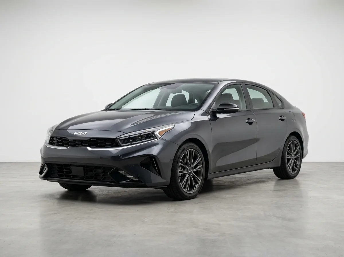Kia K4 intermediate sedan, dark gray, three-quarter front view, studio rental car photography, clean background