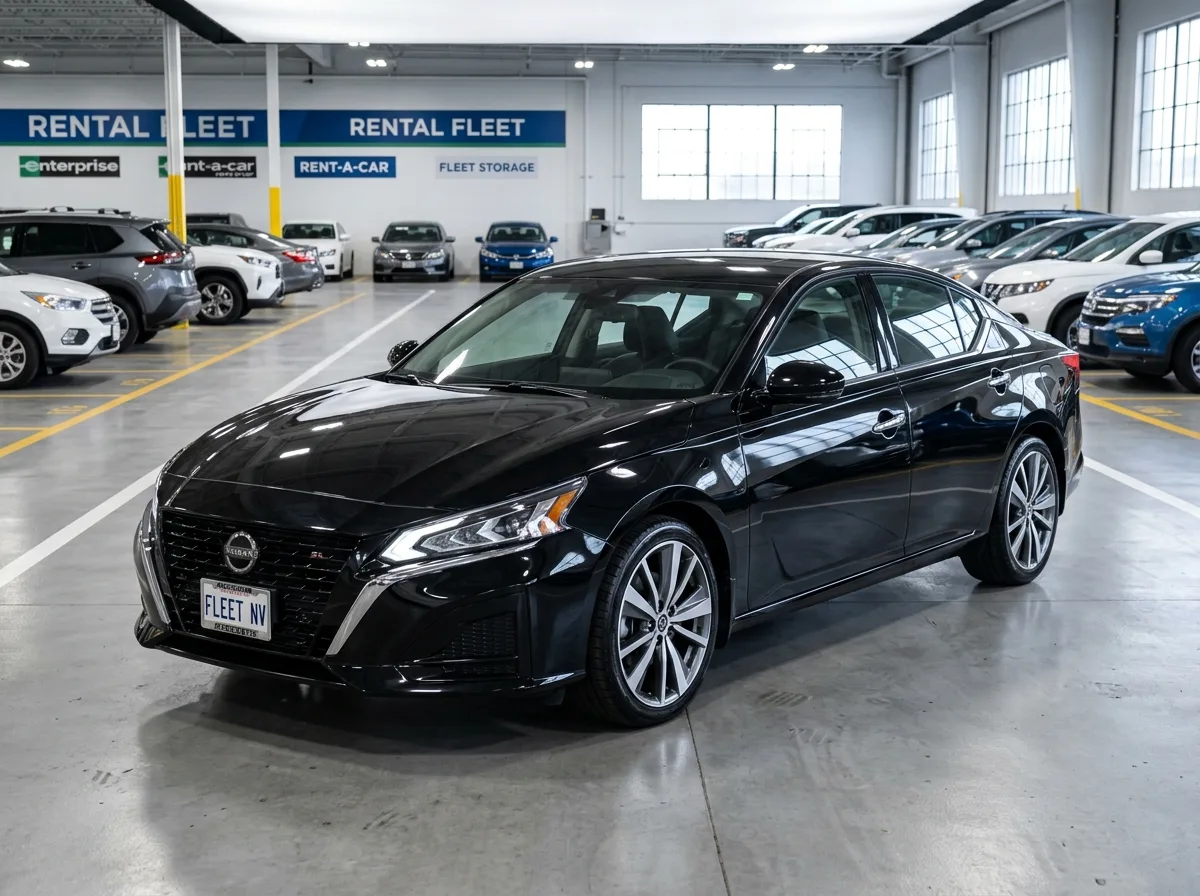 Nissan Altima full-size sedan, black, professional three-quarter view, rental fleet studio background, polished look