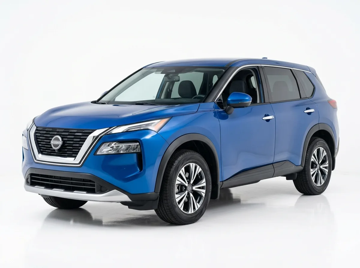 Nissan Rogue compact SUV crossover, blue, front three-quarter angle, professional rental fleet photography white background