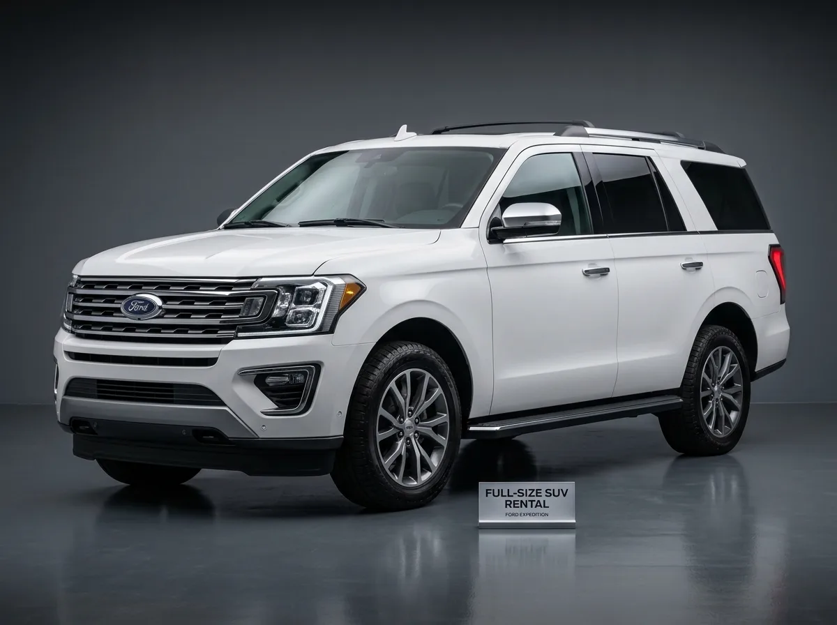 Ford Expedition full-size SUV, white, imposing three-quarter front view, large family SUV rental, studio background