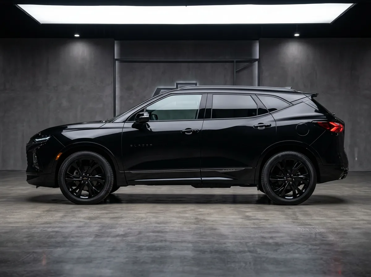 Chevrolet Blazer premium SUV, black, sporty side profile, upscale rental vehicle, professional automotive studio photography