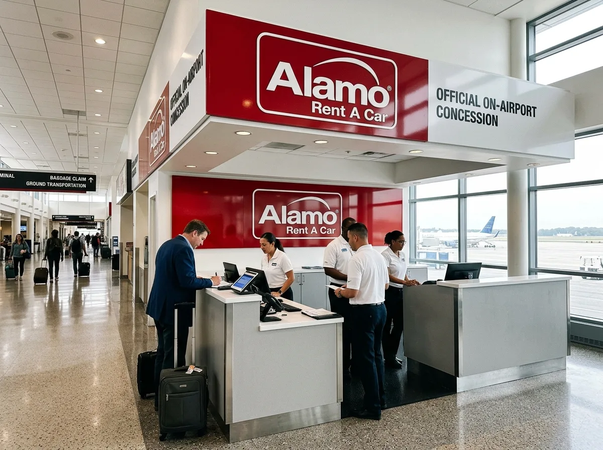 Alamo car rental brand logo, red and white color scheme, official on-airport concession at HPN Westchester