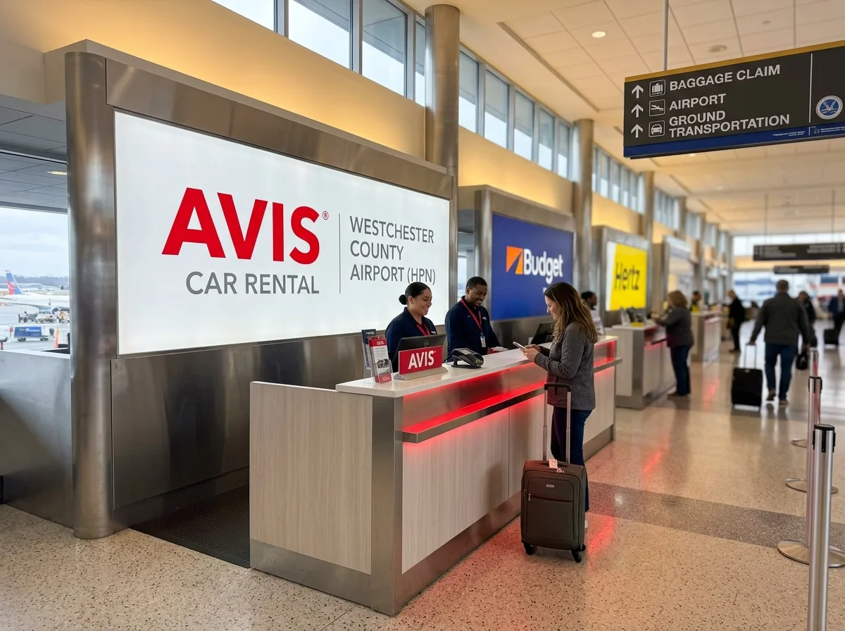 Avis car rental brand logo, red background, official on-airport concession at HPN White Plains airport