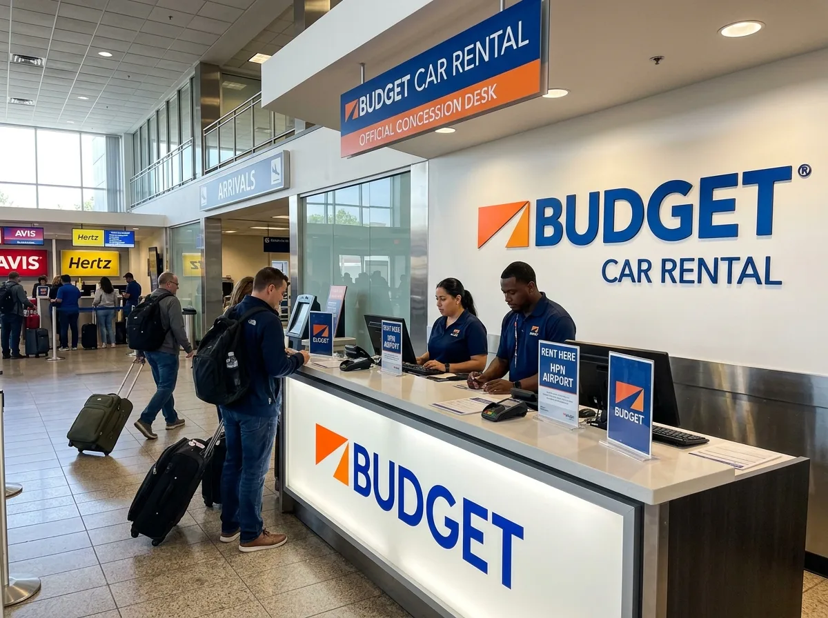 Budget car rental brand logo, blue and orange colors, official concession desk at HPN airport terminal