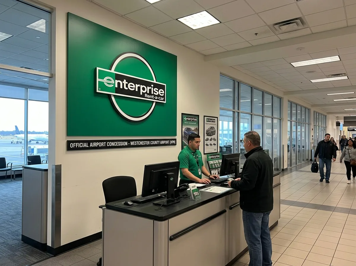 Enterprise Rent-A-Car brand logo, green background, official airport concession at Westchester County Airport HPN