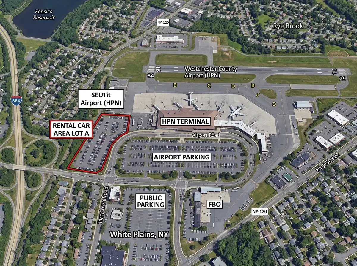 Aerial satellite map view of Westchester County Airport HPN terminal with parking lots, rental car area Lot A marked, White Plains New York surroundings visible