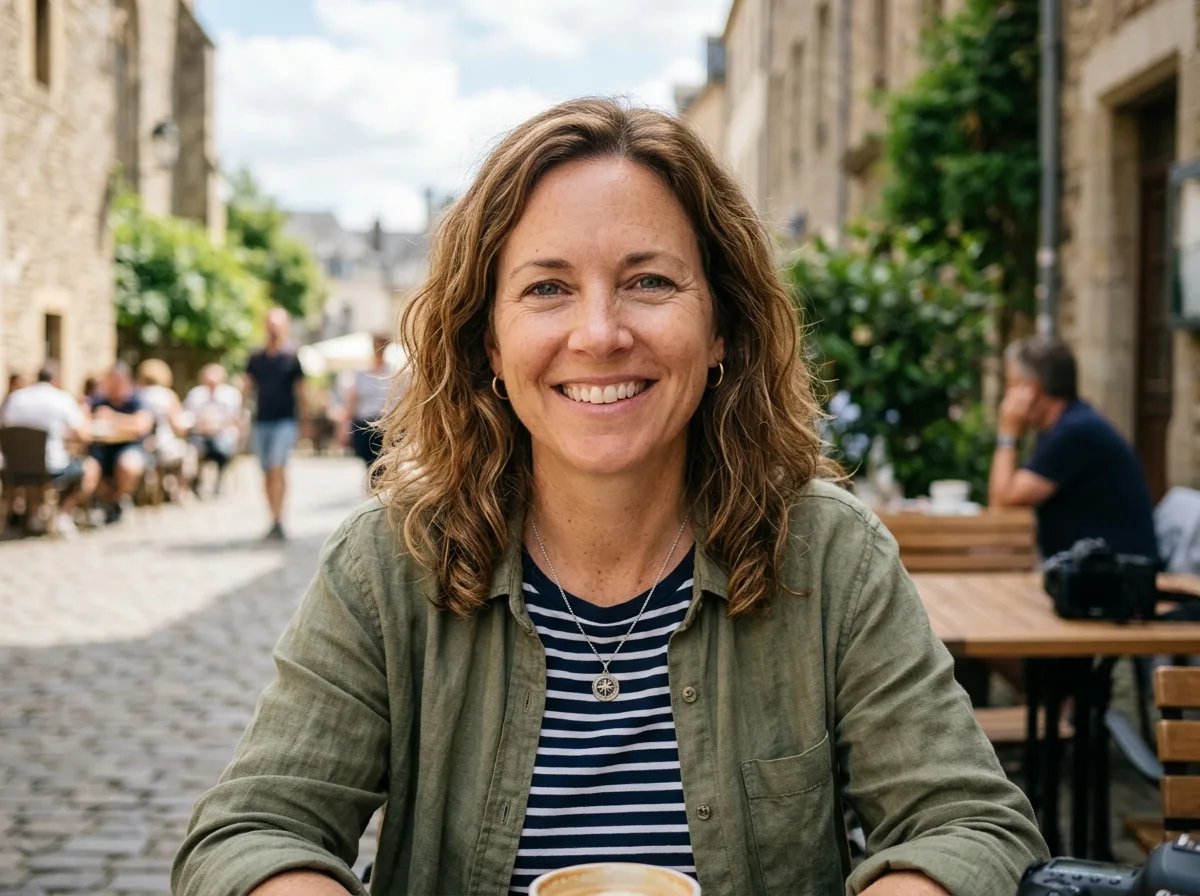 Portrait of family traveler Diane K, woman in her forties, warm smile, casual attire, testimonial photo avatar